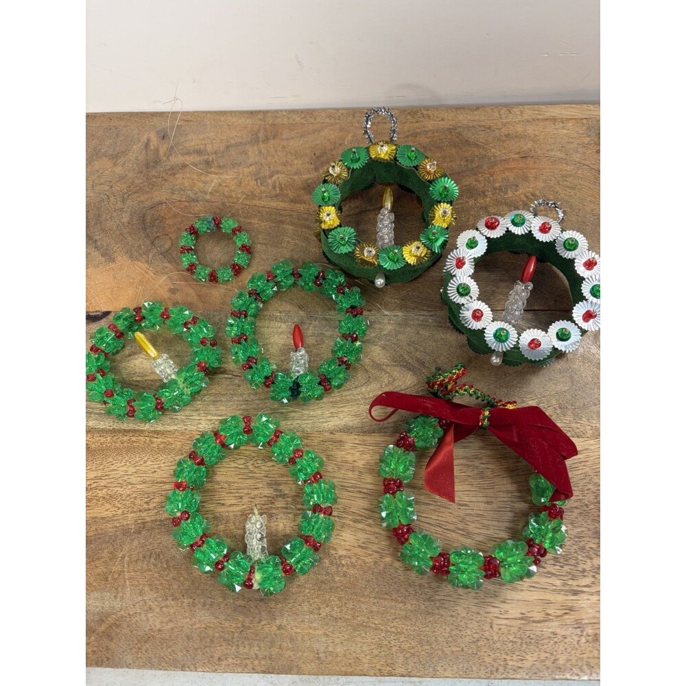 Vintage Beaded Wreath Christmas Ornaments Lot of 7 Handmade Decorations Holiday